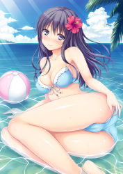 Rule 34 | 1girl, ass, bad id, bad pixiv id, ball, bare arms, bare shoulders, beach, beachball, bikini, black hair, blue bikini, blue eyes, blush, breasts, cameltoe, cleavage, collarbone, covered erect nipples, day, flower, hair flower, hair ornament, hibiscus, highres, horizon, long hair, looking at viewer, lying, medium breasts, nakamura sumikage, ocean, on side, original, outdoors, smile, solo, swimsuit, water