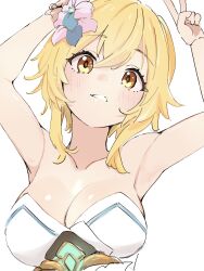 Rule 34 | 1girl, armpits, arms up, blonde hair, blush, breasts, cleavage, commentary request, dress, flower, genshin impact, hair flower, hair ornament, highres, large breasts, looking at viewer, lumine (genshin impact), short hair with long locks, simple background, smile, solo, ukitaryu, upper body, v, white background, white dress, yellow eyes