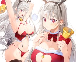 Rule 34 | 1girl, :3, :d, antlers, armpits, arms up, bare arms, bare shoulders, bell, bikini, black thighhighs, bow, bowtie, breasts, choker, christmas, cleavage, cleavage cutout, clothing cutout, crop top, fake antlers, fang, finger to mouth, fur trim, grey hair, hairband, halterneck, hands up, heart cutout, highres, holding, horns, jingle bell, large breasts, long hair, looking at viewer, multiple views, navel, open mouth, original, red bikini, red bow, red eyes, red shirt, reindeer antlers, revealing clothes, santa bikini, shirt, sidelocks, skindentation, sleeveless, sleeveless shirt, smile, spaghetti strap, stomach, strapless, stretching, string bikini, sweat, swimsuit, thighhighs, thighs, timy, very long hair