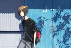 Rule 34 | 1boy, black shirt, brown eyes, building, closed mouth, colored inner hair, commentary request, door, english text, grey pants, highres, looking at viewer, moribuden, multicolored hair, pants, red bag, shadow, shirt, solo, yu-gi-oh!, yu-gi-oh! duel monsters, yu-gi-oh! gx, yuki judai