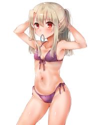 Rule 34 | 1girl, adjusting hair, armpits, arms up, bad id, bad twitter id, bikini, blush, breasts, brown hair, fate/kaleid liner prisma illya, fate (series), highres, illyasviel von einzbern, long hair, mouth hold, navel, ponytail, purple bikini, red eyes, side-tie bikini bottom, simple background, small breasts, solo, swimsuit, tomo (ryo i so ), white background