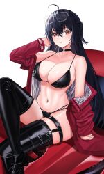 Rule 34 | 1girl, absurdres, ahoge, arm support, azur lane, bare shoulders, bikini, black bikini, black choker, black footwear, black hair, black panties, black thighhighs, boots, breasts, choker, cleavage, copyright name, crossed bangs, eyewear on head, foot out of frame, hair between eyes, hand up, highres, jacket, jacket partially removed, knee up, large breasts, long hair, long sleeves, looking at viewer, multi-strapped bikini bottom, navel, nyanbutter, official alternate costume, on vehicle, open clothes, open jacket, panties, parted lips, rectangular eyewear, red eyes, red jacket, sitting, solo, stomach, string bikini, swimsuit, taihou (azur lane), taihou (enraptured companion) (azur lane), thigh boots, thighhighs, thighs, underwear, very long hair, white-framed eyewear, white background