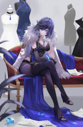 Rule 34 | 1girl, asymmetrical gloves, asymmetrical hair, bangle, bead choker, black gloves, blue eyes, blurry, blurry background, boots, bracelet, breasts, cleavage, cleavage cutout, clothing cutout, coat, couch, crossed legs, earrings, elbow gloves, finger to mouth, full body, fur-trimmed coat, fur trim, genshin impact, gloves, hair over one eye, high heels, highres, hip vent, issign, jewelry, leaf, looking at viewer, looking down, looking to the side, mannequin, medium breasts, mismatched gloves, mole, mole on breast, multicolored hair, neck tassel, paper, purple hair, short hair, signature, single elbow glove, sitting, solo, thigh boots, thighhighs, two-tone hair, white coat, white gloves, yelan (genshin impact)