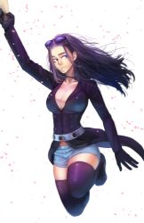 Rule 34 | 1girl, belt, black gloves, black hair, black jacket, blue eyes, breasts, bursting breasts, cleavage, coat, collarbone, eyewear on head, female focus, glasses, gloves, hanging, jacket, long hair, long sleeves, nico robin, one piece, parted lips, petals, short shorts, shorts, simple background, solo, sunglasses, thighhighs, white background