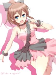 Rule 34 | 10s, 1girl, :d, bare shoulders, blue eyes, bow, bracelet, breasts, brown hair, choker, cleavage, hair bow, idolmaster, idolmaster million live!, jewelry, long hair, microphone, ookami maito, open mouth, pink skirt, ponytail, satake minako, simple background, skirt, smile, solo, twitter username, white background
