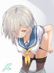 Rule 34 | 1girl, aqua eyes, bent over, black panties, black pantyhose, blue sailor collar, breasts, cleavage, closed mouth, clothes pull, collarbone, eyes visible through hair, foreshortening, gradient background, grey background, grey skirt, hair ornament, hairclip, hamakaze (kancolle), hanging breasts, highres, kantai collection, large breasts, light frown, looking away, looking down, neckerchief, panties, panty pull, pantyhose, pantyhose pull, pleated skirt, sailor collar, school uniform, serafuku, shirt, short hair, short sleeves, signature, silver hair, skirt, skirt pull, solo, tokito yu, underwear, undressing, white shirt, yellow neckerchief