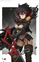 Rule 34 | 1girl, absurdres, afrotunaart, armor, bandages, berserk, berserker armor, black armor, black hair, black panties, black thighhighs, blue eyes, cape, chainmail, colored sclera, cosplay, garter straps, gauntlets, greatsword, guts (berserk), guts (berserk) (cosplay), hair between eyes, highres, holding, holding sword, holding weapon, kill la kill, living clothes, matoi ryuuko, multicolored hair, o-ring, panties, parted lips, pauldrons, scar, scar on face, scar on nose, scissor blade (kill la kill), senketsu, short hair, shoulder armor, slit pupils, streaked hair, sword, thighhighs, torn, torn cape, torn clothes, twitter username, underwear, vambraces, weapon, yellow sclera