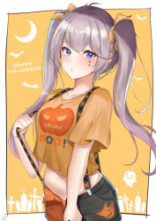 Rule 34 | 1girl, antenna hair, bat (animal), blue eyes, breasts, collarbone, commentary request, cowboy shot, crescent, crop top, crop top overhang, hair ribbon, halloween, happy halloween, highres, holding, konata (knt banri), long hair, looking at viewer, medium breasts, midriff, navel, open fly, orange shirt, original, ribbon, shirt, short shorts, short sleeves, shorts, sidelocks, silver hair, solo, standing, suspenders, twintails, two-tone shorts