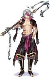 Rule 34 | 1boy, abs, armor, black pants, blue eyes, boots, chain, chousokabe motochika (sengoku basara), collarbone, expressionless, eyepatch, full body, grey hair, hand in pocket, highres, holding, holding weapon, light background, looking at viewer, male focus, muscular, navel, ohse, open clothes, pants, sengoku basara, serious, topless male, shoes, short hair, simple background, solo, standing, weapon, white background