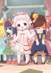 Rule 34 | aged down, animal ears, blonde hair, blue eyes, blush, brown hair, cat, cat ears, child, closed eyes, clothes lift, dress, flat chest, furry, hair ribbon, highres, open mouth, red eyes, ribbon, shoes, short hair, skirt, skirt lift, smile, standing, waving, white hair, yanamosuda