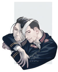 Rule 34 | 2boys, arms around neck, black eyes, black hair, blue jacket, buttons, character name, clone, collared jacket, cropped torso, eyepatch, facial hair, facial scar, golden kamuy, hair slicked back, hair strand, imperial japanese army, jacket, male focus, military, military uniform, multiple boys, ogata hyakunosuke, scar, scar on cheek, scar on face, short hair, simple background, smile, stubble, undercut, uniform, w55674570w
