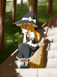 Rule 34 | 1girl, apron, bad id, bad pixiv id, blonde hair, bobby socks, bored, bow, braid, broom, day, female focus, full body, hair bow, hat, hat bow, head rest, highres, hill, jitome, kirisame marisa, long hair, mary janes, nagian, nature, puffy sleeves, ribbon, shade, shadow, shoes, short hair, short sleeves, side braid, signature, single braid, sitting, sitting on stairs, socks, solo, stairs, touhou, tree, witch, witch hat, yellow eyes