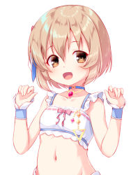 Rule 34 | 1girl, :d, bikini, blue choker, blush, breasts, brown eyes, brown hair, choker, collarbone, commentary request, hair between eyes, hands up, highres, idolmaster, idolmaster cinderella girls, koga koharu, looking at viewer, navel, open mouth, simple background, small breasts, smile, solo, swimsuit, upper body, white background, white bikini, wrist cuffs, yuku (kiollion)