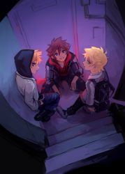 Rule 34 | 3boys, against wall, alley, ankle boots, artist name, backpack, bag, black jacket, black pants, blonde hair, blue eyes, boots, brown hair, casual, collared shirt, denim, from above, glaring, green eyes, highres, hood, hood up, hoodie, jacket, kingdom hearts, layered clothes, long sleeves, looking at viewer, multiple boys, official alternate costume, pants, parted lips, pinstripe pattern, red shirt, rouwan, roxas, shirt, shoes, smile, sneakers, sora (kingdom hearts), spiked hair, squatting, stairs, striped, ventus (kingdom hearts), white jacket