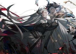 Rule 34 | 1boy, 1girl, absurdres, ammunition belt, arknights, black hair, black jacket, blood, blood on clothes, blood on face, blue hair, cape, cloak, clothes grab, collar, dongsheng, earrings, eye contact, grey eyes, grey hair, gun, head wings, highres, irene (arknights), jacket, jewelry, layered skirt, long hair, long sleeves, looking at another, lumen (arknights), multicolored hair, multiple rings, open mouth, pointy ears, purple skirt, ring, scales, shell, shell earrings, skirt, snake, two-tone hair, very long hair, weapon, white cape, white skirt, wings, yellow eyes