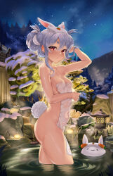 Rule 34 | 1girl, absurdres, animal ear fluff, animal ears, arm up, blue hair, breasts, covering privates, double bun, extra ears, hair between eyes, hair bun, highres, hololive, long hair, looking at viewer, multicolored hair, night, night sky, pekomon (usada pekora), nude cover, onsen, rabbit ears, red eyes, short eyebrows, sky, small breasts, snarkhunt, solo, standing, star (sky), thick eyebrows, towel, towel on head, tree, two-tone hair, usada pekora, v-shaped eyebrows, virtual youtuber, wading, water, wet, white hair
