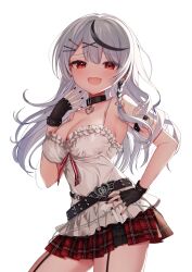 Rule 34 | 1girl, :d, absurdres, arm up, belt, black belt, black gloves, black hair, black nails, blush, breasts, camisole, cleavage, cowboy shot, fingerless gloves, garter straps, gloves, grey hair, hair ornament, hand on own hip, highres, hololive, ineka ka, large breasts, long hair, looking at viewer, multicolored hair, open mouth, plaid, plaid skirt, red eyes, sakamata chloe, sakamata chloe (1st costume), simple background, skirt, smile, solo, streaked hair, virtual youtuber, white background, white camisole, x hair ornament