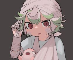 Rule 34 | 1girl, absurdres, arm sling, bandage on face, bandaged arm, bandaged hand, bandaged head, bandages, blue shirt, brown background, child, creature, green hair, highres, holding, holding creature, made in abyss, meinya (made in abyss), multicolored hair, open mouth, prushka, red eyes, shirt, short hair, simple background, siroa, solo, streaked hair, upper body, white hair