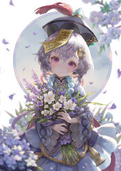 Rule 34 | 1girl, bouquet, child, dress, flower, genshin impact, hat, highres, holding, holding bouquet, jewelry, jiangshi, kim eul bong, long hair, long sleeves, looking back, necklace, parted lips, pearl necklace, purple dress, purple eyes, qiqi (genshin impact), sidelocks, simple background, talisman