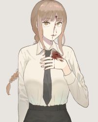Rule 34 | 1girl, black necktie, blood, blood on face, blood on hands, braid, breasts, brown hair, bullet hole, chainsaw man, closed mouth, grey background, hand on own chest, lips, long hair, long sleeves, looking at viewer, makima (chainsaw man), necktie, ringed eyes, shirt, sidelocks, simple background, single braid, solo, sukekiyo (skky 0), upper body, white shirt