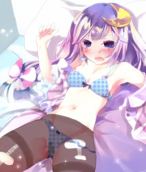 Rule 34 | 1girl, bad id, bad pixiv id, bed, blush, bra, breasts, crescent, crescent hair ornament, crescent moon, female focus, hair ornament, kedama milk, lingerie, long hair, moon, panties, panties under pantyhose, pantyhose, patchouli knowledge, purple eyes, purple hair, see-through, small breasts, solo, thighband pantyhose, torn clothes, torn pantyhose, touhou, underwear, underwear only