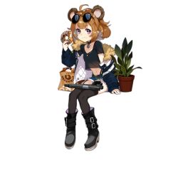 Rule 34 | 1girl, aged down, animal ears, bear ears, bear girl, black choker, black footwear, black shirt, black thighhighs, blue jacket, blue shorts, boots, breasts, brown hair, choker, doughnut, eating, eyewear on head, food, full body, girls&#039; frontline, grizzly mkv (girls&#039; frontline), grizzly mkv (teddy transform!) (girls&#039; frontline), gun, handgun, jacket, l.a.r. manufacturing, lar grizzly win mag, looking at viewer, official alternate costume, official art, pistol, plant, potted plant, purple eyes, realmbw, shirt, short hair, shorts, sitting, small breasts, solo, sunglasses, thighhighs, transparent background, weapon