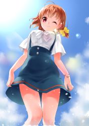 Rule 34 | 10s, 1girl, ;), ahoge, blouse, blue skirt, blue sky, bracelet, breasts, closed mouth, cloud, cloudy sky, day, from below, hair ribbon, highres, jewelry, large breasts, looking at viewer, love live!, love live! school idol festival, love live! sunshine!!, one eye closed, orange hair, outdoors, red eyes, ribbon, rin2008, shirt, short hair, short sleeves, skirt, sky, smile, solo, suspender skirt, suspenders, takami chika, thighs, white shirt, wink, yellow ribbon