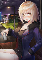Rule 34 | 1girl, :d, ahoge, bench, black dress, blonde hair, breasts, building, can, cleavage, cloud, collarbone, dress, drooling, fate/grand order, fate (series), full moon, fur collar, fur trim, hair between eyes, hand in pocket, highres, holding, holding can, jacket, jeanne d&#039;arc (fate), jeanne d&#039;arc alter (avenger) (fate), jeanne d&#039;arc alter (fate), lamppost, large breasts, lkeris, long sleeves, looking at viewer, moon, night, open clothes, open jacket, open mouth, outdoors, purple jacket, short hair, sitting, smile, solo, thighs, wing collar, yellow eyes