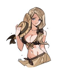 Rule 34 | 1girl, bare shoulders, bikini, black bikini, black bow, blonde hair, blue eyes, bow, breasts, brown bikini, cleavage, collarbone, commentary, fire emblem, fire emblem: three houses, fire emblem heroes, groin, hair bow, hand up, hat, holding, holding clothes, holding hat, large breasts, long hair, mercedes von martritz, navel, nintendo, official alternate costume, sarong, silvercandy gum, solo, stomach, sun hat, swimsuit, unworn hat, unworn headwear