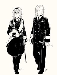 Rule 34 | 2girls, aiguillette, alternate costume, alternate hairstyle, belt, bismarck (kancolle), breast pocket, breasts, buttons, closed mouth, coat, collared shirt, cross, dagger, double-breasted, epaulettes, flower, full body, gloves, greyscale, hair between eyes, hair over shoulder, hair slicked back, hairband, hat, holding, holding clothes, holding hat, iron cross, jacket, kantai collection, knife, long hair, long sleeves, looking to the side, military, military hat, military jacket, military uniform, monochrome, multiple girls, naval uniform, necktie, pants, pocket, ribbon, rose, sash, shirt, shoes, sidelocks, simple background, smile, translated, uniform, unworn hat, unworn headwear, warspite (kancolle), weapon, weidashming, white background