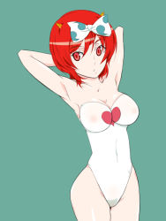 Rule 34 | 1980s (style), 1girl, breasts, cleavage, doteraman, ghost-q, hair ribbon, horns, retro artstyle, one-piece swimsuit, red eyes, red hair, retro artstyle, ribbon, solo, suzuki manami, swimsuit