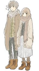 Rule 34 | 1boy, 1girl, ankle boots, arms at sides, bad id, bad pixiv id, black eyes, black pants, blunt bangs, blush, boots, breath, brown coat, brown eyes, brown footwear, brown hair, brown scarf, buttons, cardigan, closed mouth, coat, couple, cross-laced footwear, dot nose, enpera, expressionless, fringe trim, full body, hands in pockets, itunohika, jacket, lace-up boots, light brown hair, long skirt, long sleeves, looking at viewer, looking to the side, open clothes, open coat, original, pants, parted lips, plaid, plaid scarf, scarf, shirt, shoelaces, short hair, simple background, skirt, smile, standing, striped clothes, tareme, unbuttoned, vertical-striped clothes, vest, white background, white skirt, winter clothes