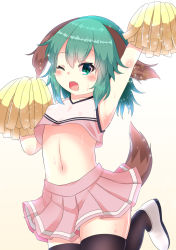 Rule 34 | 1girl, alternate costume, animal ears, arm up, black thighhighs, breasts, cheerleader, cowboy shot, dog ears, dog tail, fang, gradient background, green eyes, green hair, highres, holding, holding pom poms, karasuma amiru, kasodani kyouko, leg up, looking at viewer, navel, one eye closed, open mouth, pink skirt, pleated skirt, pom pom (cheerleading), pom poms, short hair, skin fang, skirt, small breasts, solo, standing, standing on one leg, sweat, tail, tank top, thighhighs, touhou, white footwear, white tank top, yellow background