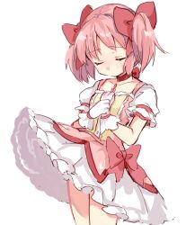 Rule 34 | 1girl, blush, bow, choker, closed eyes, dress, facing down, gloves, hair bow, hands on own chest, highres, kaname madoka, mahou shoujo madoka magica, own hands together, paragasu (parags112), pink hair, short sleeves, solo, twintails