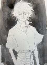 Rule 34 | 1boy, closed mouth, collared shirt, commentary, cow, greyscale, kgeroua, light smile, looking at viewer, male focus, monochrome, nagisa kaworu, neon genesis evangelion, painting (medium), shirt, short hair, short sleeves, sketch, solo, symbol-only commentary, traditional media, undershirt, watercolor (medium)