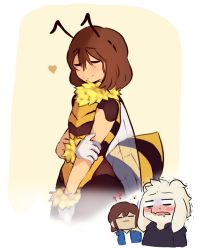 Rule 34 | ?, androgynous, antennae, asriel dreemurr, bee, bee costume, between legs, blank eyes, blush, brown hair, bug, caribun, closed eyes, commentary, drooling, fake antennae, frisk (undertale), fur collar, fur gloves, furry, furry male, gender request, gloves, hand between legs, hand on own arm, heart, imagining, insect, insect wings, leotard, monster boy, open mouth, simple background, smile, trembling, undertale, white background, wings