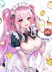 Rule 34 | 1girl, alternate costume, apron, black bow, bow, breasts, cafe maid (love live!), cleavage, cookie, dessert, drinking straw, food, food request, fruit, highres, hololive, hololive english, large breasts, long hair, macaron, maid, maid headdress, milkshake, mori calliope, open mouth, pink hair, puffy sleeves, red eyes, smile, smoothie, sowon, strawberry, tray, twintails, upper body, virtual youtuber, white apron