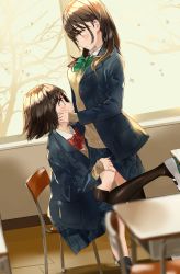 Rule 34 | 2girls, black legwear, blazer, blurry foreground, bow, brown hair, classroom, commentary, dutch angle, fujisaki ribbon, hands on another&#039;s face, hands on another&#039;s thighs, highres, jacket, long hair, multiple girls, original, plaid, plaid skirt, pleated skirt, school uniform, shoes, short hair, sitting, skirt, sweater, thighhighs, uwabaki, yuri