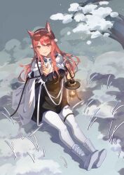 Rule 34 | 1girl, absurdres, animal ear fluff, animal ears, arknights, black dress, boots, cape, closed mouth, commentary request, dress, earmuffs, full body, highres, holding, holding lantern, implied extra ears, index finger raised, lantern, legs, long hair, long sleeves, looking at viewer, official alternate costume, on ground, pantyhose, pink hair, pozyomka (arknights), pozyomka (snowy plains in words) (arknights), red eyes, shishuishuiya, sitting, solo, thigh strap, white cape, white footwear, white pantyhose, wolf ears, wolf girl