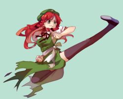 Rule 34 | 1girl, black thighhighs, bow, braid, chinese clothes, dress, full body, green background, green dress, green eyes, hair bow, hair ornament, harrymiao, hat, hong meiling, kicking, lips, long hair, looking away, puffy sleeves, red hair, ribbon, sash, shoes, short sleeves, simple background, solo, star (symbol), thighhighs, touhou, twin braids, zettai ryouiki