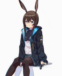 Rule 34 | 1girl, amiya (arknights), animal ears, arknights, artist name, asama (drift in), black jacket, black pantyhose, blue eyes, blurry, breasts, brown hair, closed mouth, collar, depth of field, frilled collar, frills, hair between eyes, highres, hood, hooded jacket, invisible chair, jacket, jewelry, long hair, long sleeves, looking at viewer, miniskirt, multiple rings, neck ring, pantyhose, plaid, plaid skirt, rabbit ears, ribbed shirt, ring, shirt, simple background, sitting, skirt, small breasts, smile, solo, straight hair, white background