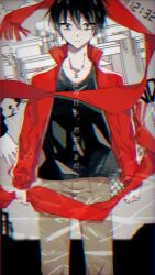 Rule 34 | 1boy, arm at side, black eyes, black hair, black shirt, blurry, brown pants, chair, closed mouth, cloud, collarbone, commentary, desk, expressionless, feet out of frame, highres, holding, holding clothes, holding scarf, jacket, kagerou project, kisaragi shintarou, limited palette, long scarf, long sleeves, male focus, mekakucity actors, monochrome background, muuta04, pants, red jacket, red scarf, scarf, unworn scarf, school desk, scissors, shirt, short hair, staring, straight-on, t-shirt, track jacket