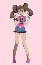 Rule 34 | 1girl, brown hair, collarbone, commentary, creatures (company), eyelashes, female focus, fingernails, full body, game freak, green eyes, hands up, knees, looking at viewer, nintendo, open mouth, pink background, pink footwear, pink shirt, pokemon, pokemon xy, shauna (pokemon), shirt, shoes, short shorts, short sleeves, shorts, simple background, solo, t-shirt, teeth, tongue, tsukishiro saika, twintails