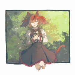 Rule 34 | 1girl, ^ ^, animal ears, black dress, bow, bowtie, breasts, brown hair, closed eyes, cropped legs, dress, ear covers, flower, hands on own chest, highres, holding, holding flower, horse ears, horse girl, horse tail, long sleeves, lying, nice nature (umamusume), on back, open mouth, ria (i am ria), shirt, short twintails, small breasts, smile, solo, tail, twintails, umamusume, white shirt