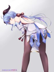Rule 34 | 1girl, absurdres, ahoge, ass, bare shoulders, blue hair, blush, bodysuit, brown eyes, detached sleeves, embarrassed, from behind, ganyu (genshin impact), genshin impact, highres, horns, leaning, leaning forward, leotard, long hair, looking at viewer, looking back, pantyhose, pelvic curtain, shikizhu, shiny clothes, shiny skin, solo, very long hair, waist cape