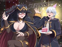 Rule 34 | 1boy, 1girl, birthday, birthday cake, black bra, bra, breasts, bridal gauntlets, cake, cape, cleavage, coat, covered navel, diskette, english text, fire emblem, fire emblem awakening, food, huge breasts, large breasts, long hair, nintendo, robin (fire emblem), robin (male) (fire emblem), short hair, surprised, tharja (fire emblem), thick thighs, thighlet, thighs, tiara, twintails, underwear