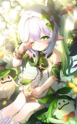 Rule 34 | 1girl, bare shoulders, bracelet, closed mouth, commentary request, genshin impact, gradient hair, green eyes, green hair, hair between eyes, hair ornament, highres, jewelry, looking at viewer, multicolored hair, nahida (genshin impact), one eye closed, pistachiocream, pointy ears, rubbing eyes, side ponytail, sitting, solo, thighs, white hair