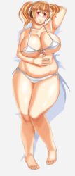 Rule 34 | 1girl, barefoot, blonde hair, blush, breasts, cleavage, fat, full body, headphones, highres, huge breasts, lying, navel, nitroplus, on back, plump, red eyes, sakumatyann, smile, solo, super pochaco, thick thighs, thighs, twintails, wide hips