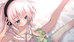 Rule 34 | 1girl, bed sheet, between legs, blue eyes, blurry, blush, casual, chiisana kanojo no serenade, closed mouth, collarbone, commentary, depth of field, digital media player, feet out of frame, foreshortening, frilled skirt, frills, from above, green skirt, hair between eyes, hand between legs, hand on headphones, hand up, headphones, highres, katagai shione, long hair, looking down, miniskirt, nagesuteaka, pink hair, ponytail, shirt, sitting, skirt, sleeveless, sleeveless shirt, smile, solo, white shirt