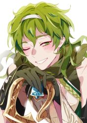 Rule 34 | 1boy, black gloves, blush, david (fate), fate/grand order, fate (series), gloves, green eyes, green hair, grin, hairband, heeparang, looking at viewer, male focus, medium hair, messy hair, one eye closed, scarf, simple background, smile, solo, upper body, white background, white hairband